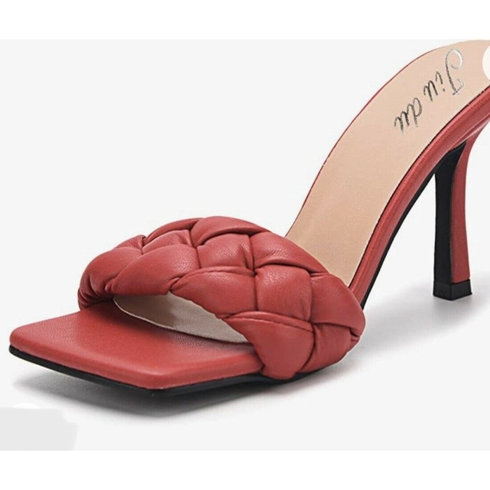 Womens Braided Heeled Mules Square Open Toe Stilleto Sandals, Red Heeled Sandals